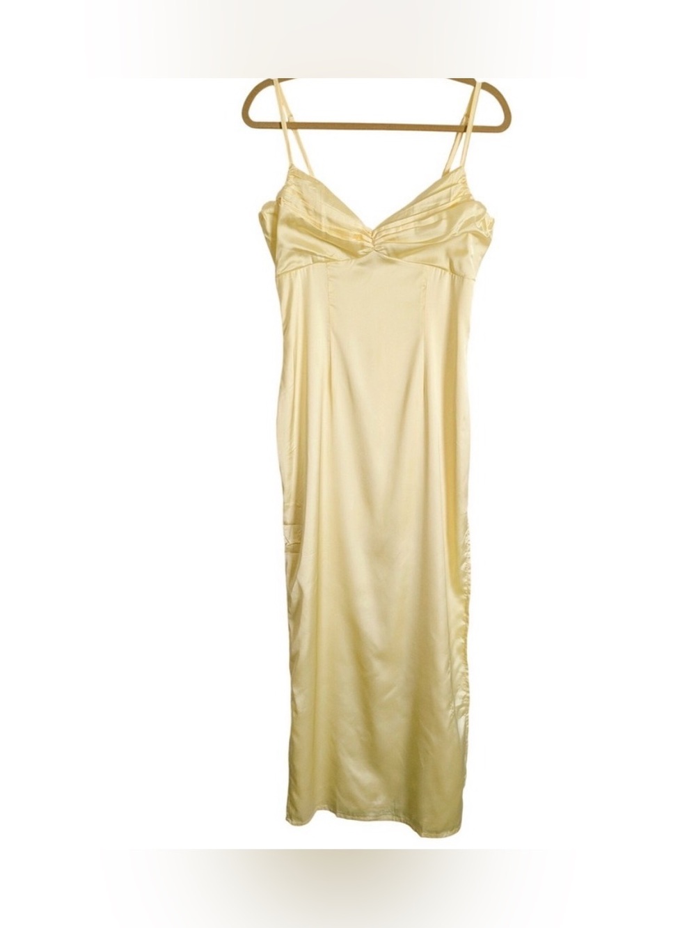 NWT’s Beginning Boutique Pale Yellow Satin Maxi Dress